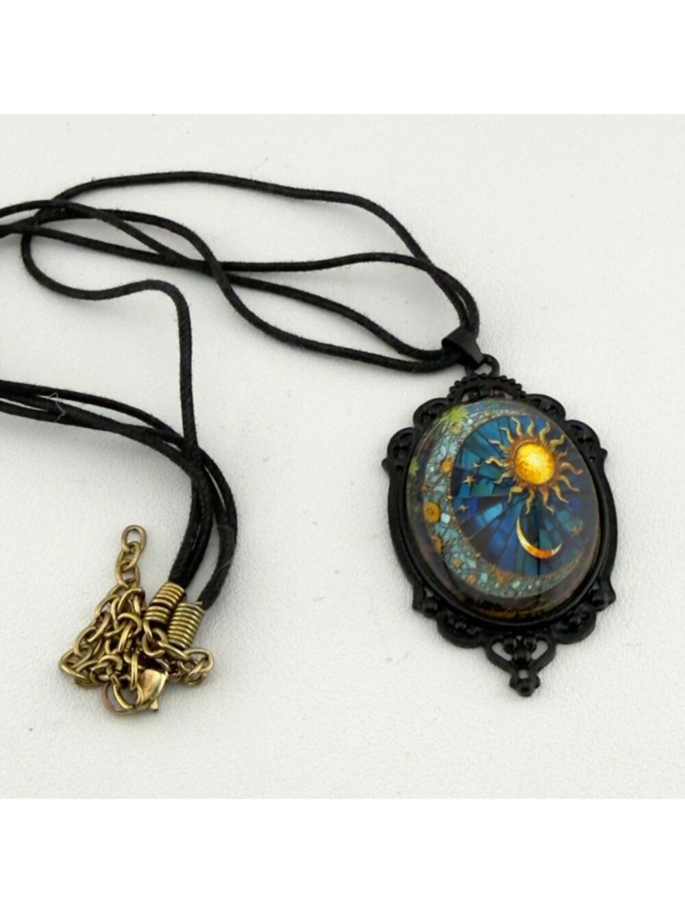 Vintage Style Sun Moon Stars Pendant Necklace Black Celestial Gothic Cameo